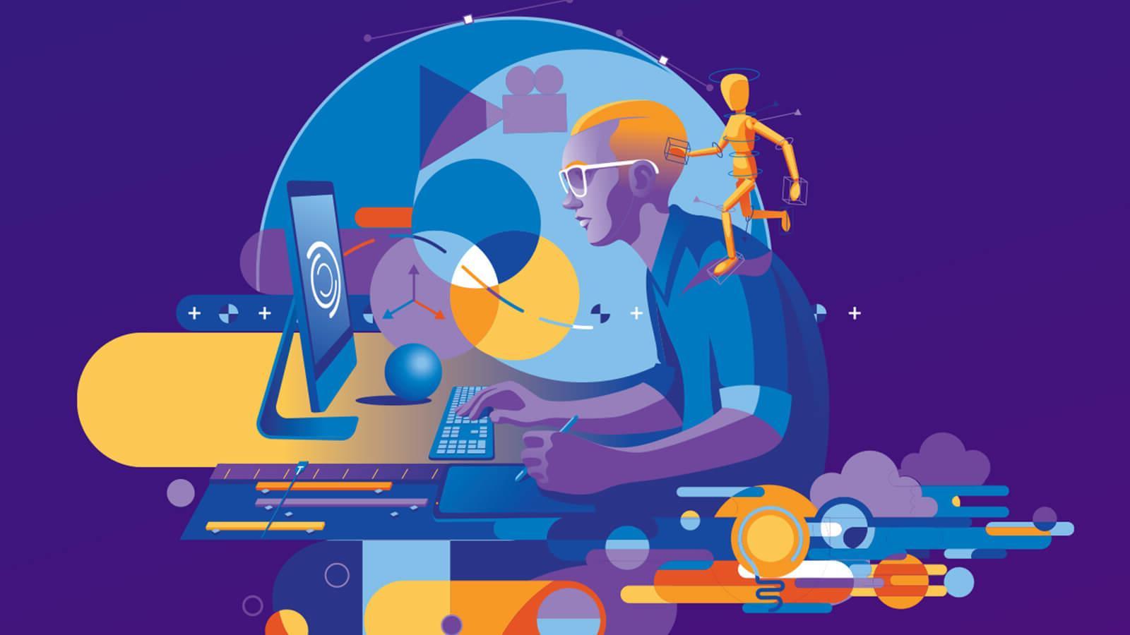这幅紫色和蓝色调的现代图形配以黄色高光，描绘了一位平面设计师使用台式电脑和手写笔，周围环绕着拼贴画, 其中包括一个解剖模型, 箭头, 统治者, 云, 一个电影偶像.